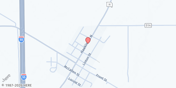 Map showing MINER BAPTIST CHURCH at 416 State Highway H, Sikeston, MO