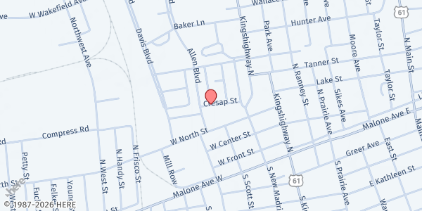 Map showing Sikeston OAKS Nutrition Center at 305 Cresap St., Sikeston, MO