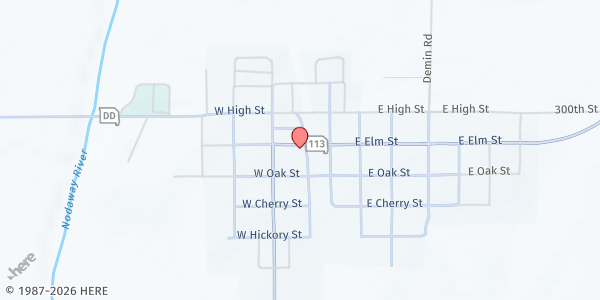 Map showing City Hall of Skidmore at 202 West Elm, Skidmore, MO
