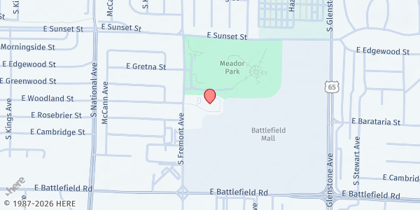 Map showing Battlefield Towers Mobile Pantry at 1451 East Woodland Street, Springfield, MO