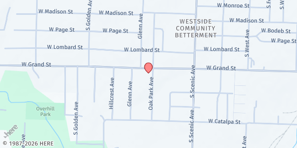 Map showing Grand Oak Baptist Mission Center at 2854 Grand St, Springfield, MO