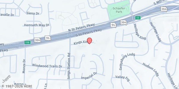 Map showing Harvester Christian Church at 2950 King's Crossing, St Charles, MO