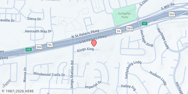 Map showing Harvester Christian Church Food Pantry at 2950 Kings Xing, St Charles, MO