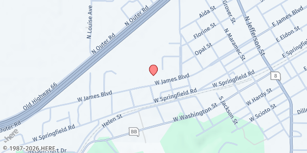 Map showing First Church of God at 615 W James Blvd, St James, MO