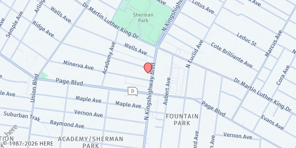 Map showing Christ Pilgrim Rest at 1341 Kingshighway Blvd., St Louis, MO