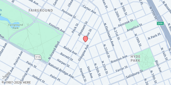 Map showing Christian Love Missionary Church at 2917 Kossuth Ave., St Louis, MO