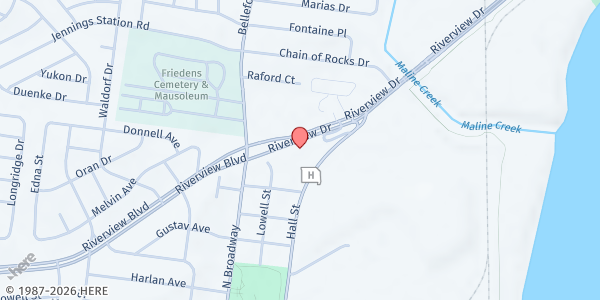 Map showing Food on the Move - Church of Adullam at 8962 Riverview Dr., St Louis, MO