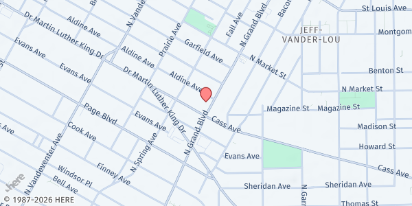 Map showing Food on the Move - Veterans Community Project at 1515 N. Grand Blvd., St Louis, MO