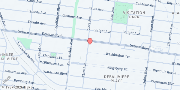 Map showing Grace & Peace Fellowship at 5574 Delmar Blvd., St Louis, MO