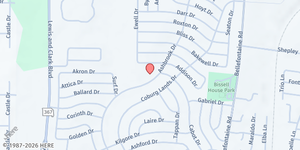 Map showing Holy Name of Jesus Catholic Church at 10235 Ashbrook Dr., St Louis, MO