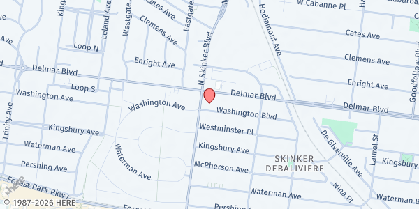 Map showing New Cote Brilliante Church of God at 6195 Washington Blvd., St Louis, MO