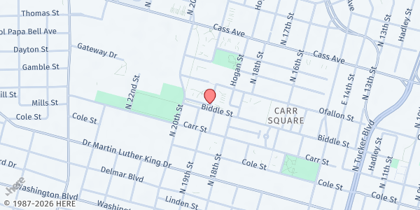 Map showing Orphan Grain Train - Lutheran Community Center at 1807 Biddle St., St Louis, MO