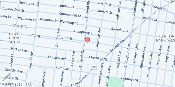 Map showing St. Pius V Catholic Church - St. Vincent de Paul at 3310 S. Grand Blvd., St Louis, MO