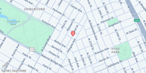 Map showing Thayer Christian Church Food Pantry at 2917 Kossuth Ave., St Louis, MO