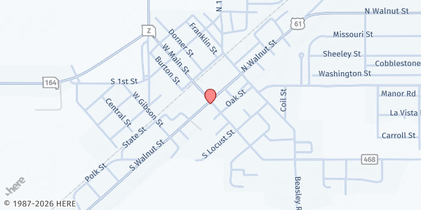 Map showing WE CARE MINISTRIES at 101 South Walnut, Steele, MO