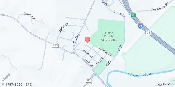 Map showing Community Action Agency of Greater Kansas City - Platte City at 412 Aller Street, Tracy, MO