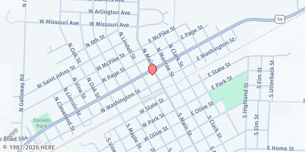 Map showing First Baptist Church of Vandalia at 209 N. Main St., Vandalia, MO