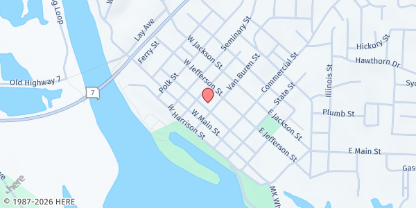 Map showing Soup & More Community Kitchen - UMC Warsaw at 154 W. Washington St., Warsaw, MO