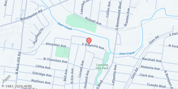 Map showing Webster-Rock Hill Ministries at 111 E. Waymire Ave., Webster Groves, MO