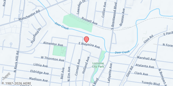 Map showing Webster Rock Hill Ministries - Food Distribution Center at 111 E Waymire Ave, Webster Groves, MO