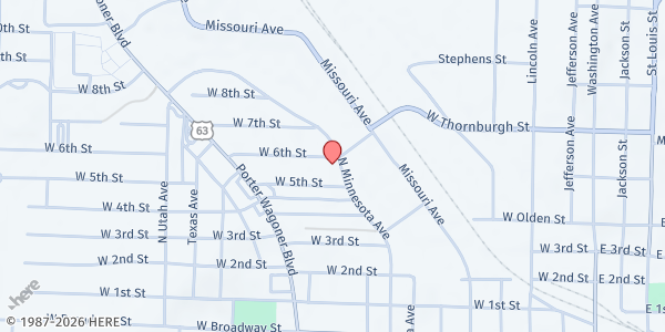 Map showing Rescue Church at 1010 W 6th St, West Plains, MO