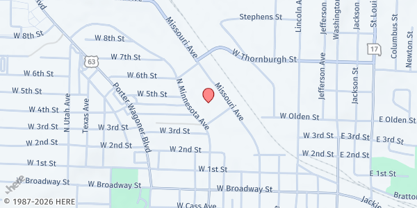 Map showing Samaritan Outreach Center at 715 Missouri Ave, West Plains, MO