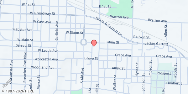 Map showing West Plains First Baptist Church at 112 Walnut Street, West Plains, MO