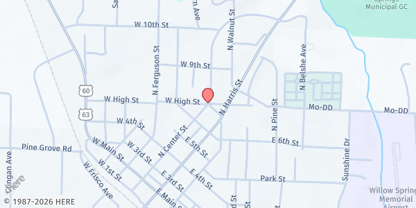 Map showing Senior Citizens Club of Willow Springs at 501 Senior Center Lane, Willow Springs, MO
