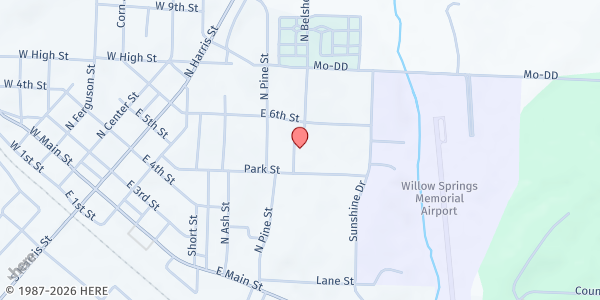 Map showing SeniorAge - Willow Springs Senior Center at 501 Senior Center Ln., Willow Springs, MO