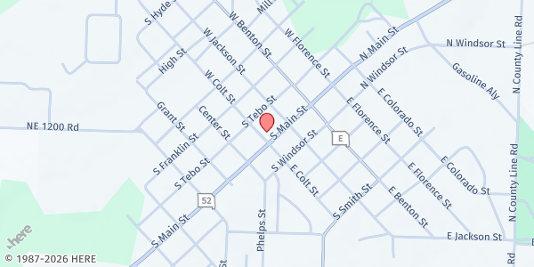 Map showing Windsor Ministerial Alliance - Mobile Food Pantry at 216 S. Main St., Windsor, MO