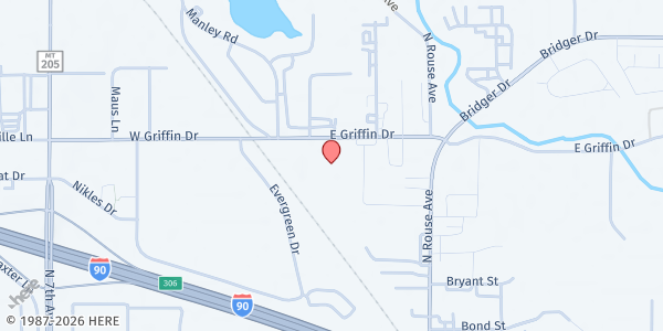 Map showing Gallatin Valley Food Bank at 206 East Griffin Drive, Bozeman, MT