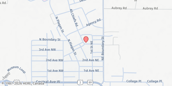 Map showing Blackfeet Food Pantry Program at 500 Popimi St., Browning, MT