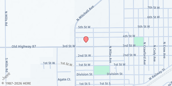 Map showing Helping Hands in Hardin - Grocery Box at 825 3rd St W, Hardin, MT