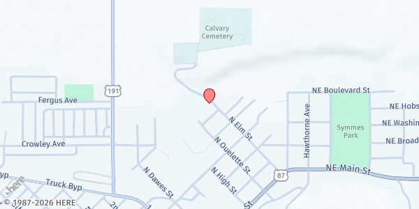 Map showing Judith Mountain Meats at 624 North Elm Street, Lewistown, MT