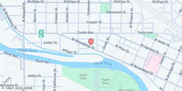 Map showing Povarello Center - Food Distribution Center at 1110 W Broadway St, Missoula, MT
