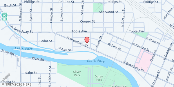 Map showing Poverello Center, Inc. at 1110 West Broadway, Missoula, MT