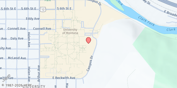 Map showing University of Montana Food Pantry - University Center at 32 Campus Drive, Missoula, MT