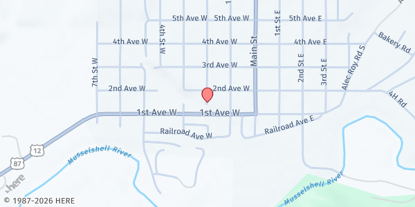 Map showing Musselshell County Food Bank at 117 7th Ave. W, Roundup, MT