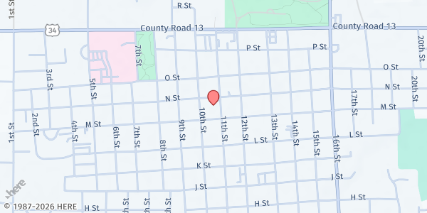 Map showing The Hamilton County Senior Center at 1205 11th St, Aurora, NE