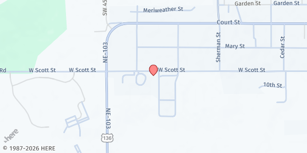 Map showing Food Bank of Lincoln at 4-H Inc, Gage County Fairgrounds at 1115 W Scott St, Beatrice, NE