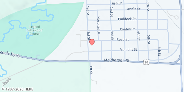 Map showing Crawford Community Center at 1005 1st St, Crawford, NE