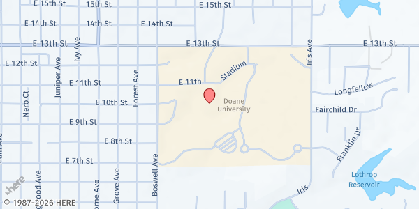 Map showing Food Bank of Lincoln at Doane University at 1014 Boswell Ave., Crete, NE
