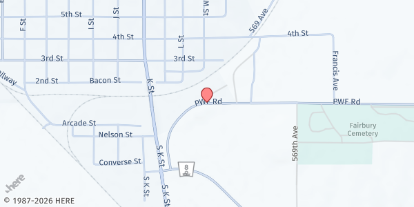 Map showing Food Bank of Lincoln at 4-H Building, Jefferson County Fairgrounds at 6885 PWF Rd., Fairbury, NE