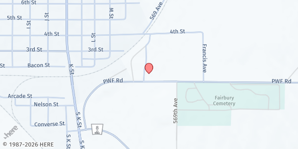 Map showing Food Bank of Lincoln at 4-H Building, Jefferson County Fairgrounds at County Fair Grounds, PWF Road, Fairbury, NE