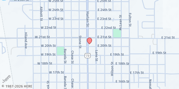 Map showing First Presbyterian Church at 206 E 20th St, Falls City, NE