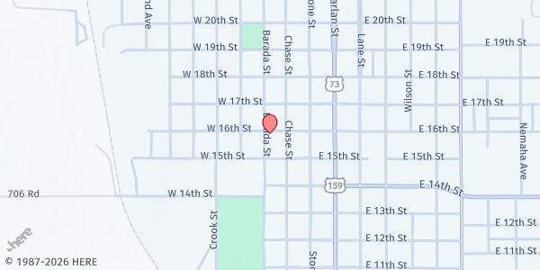 Map showing Senior Citizens Center at 221 W 16th St, Falls City, NE