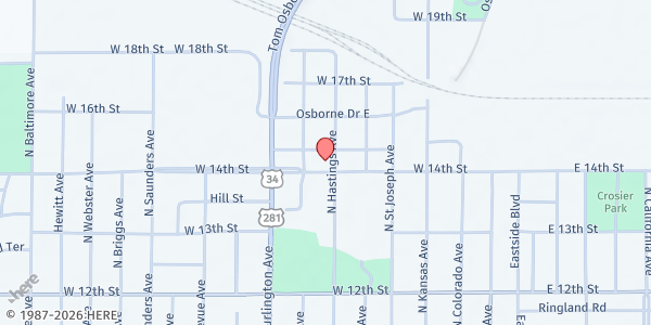 Map showing Crossroads Center at 702 W 14th St, Hastings, NE
