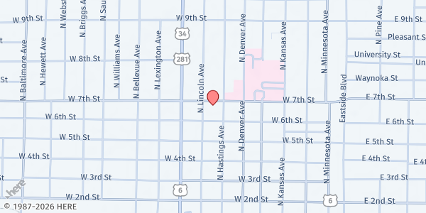 Map showing First Presbyterian Church PEACE Center at 622 N. Lincoln Ave, Hastings, NE