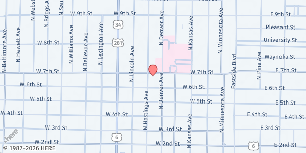 Map showing First Presbyterian Church Peace Center at 622 N. Lincoln Ave, Hastings, NE