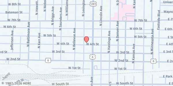 Map showing Hastings Food Pantry at 918 W 4th St, Hastings, NE
